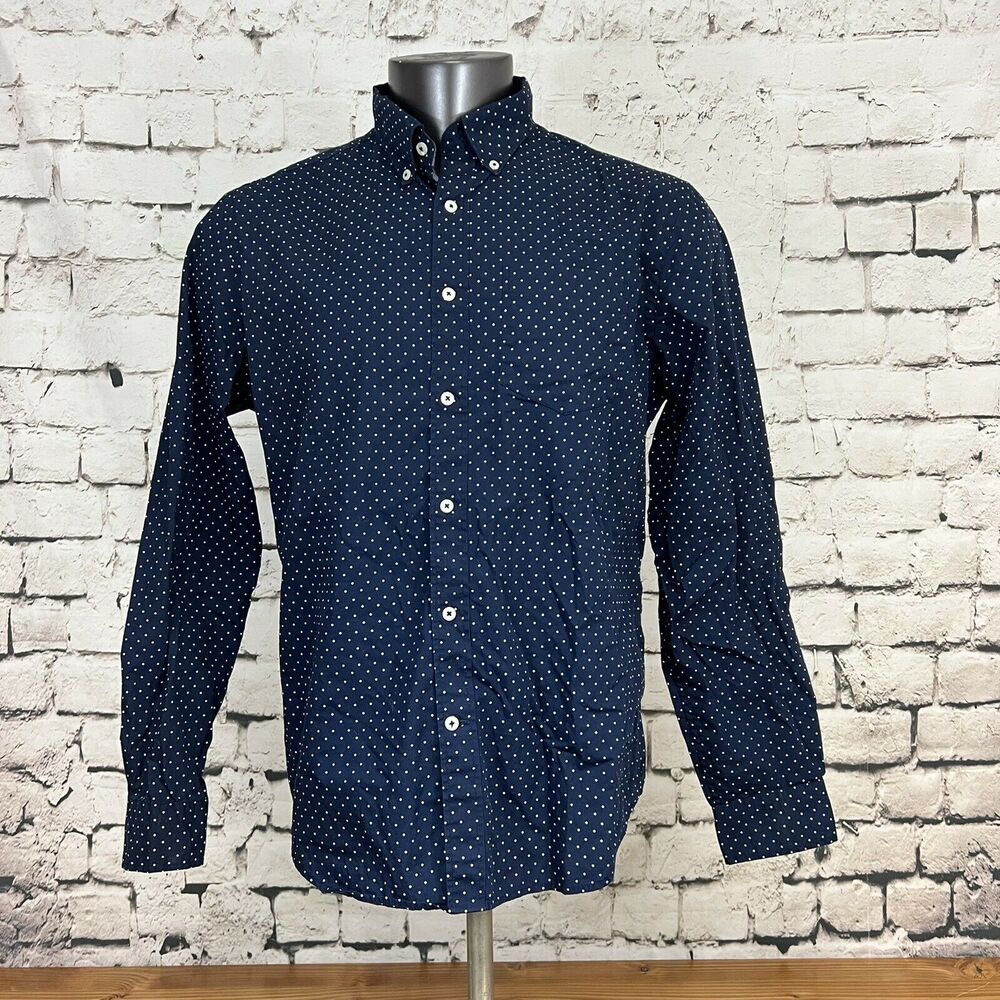 American Eagle AEO Mens Button Up Shirt Long Sleeve Navy Polka Dot Classic Large